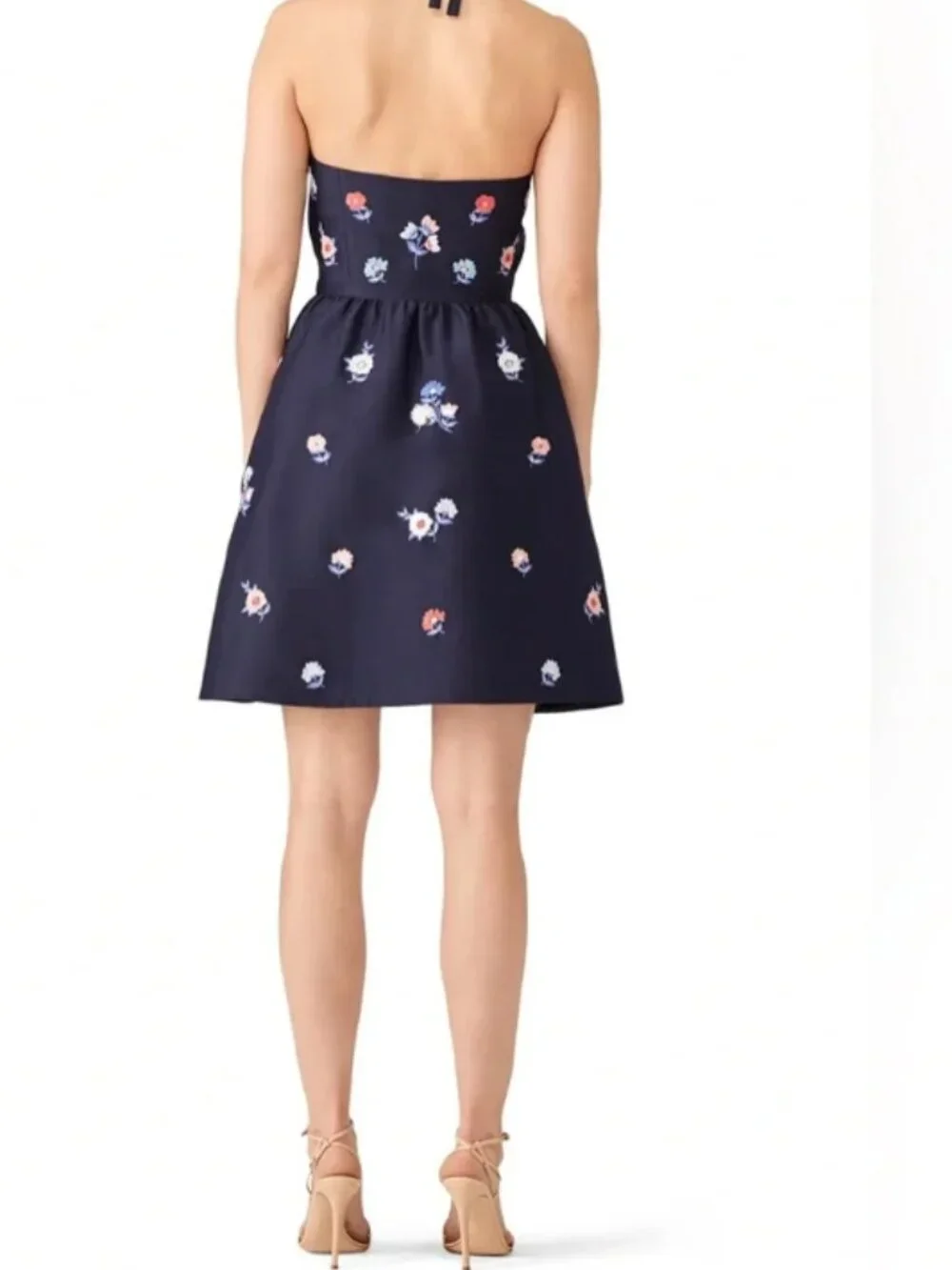Kate Spade Pom Embroidered Dress Size 16 Navy Floral Halter with Pockets